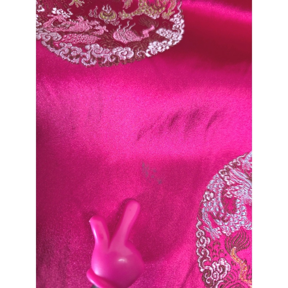 60s Vintage Fuchsia Pink Satin Cheongsam Qipao Dress Dragon Phoenix Brocade Midi - Picture 11 of 16